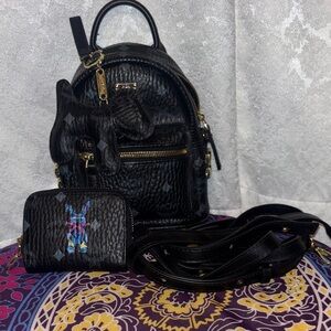 Black McM Leather Women's Backpack and Wallet Set